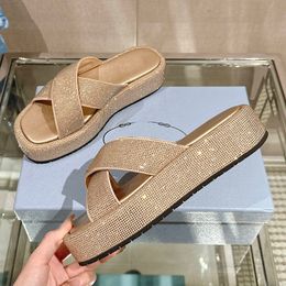 Crystal Decorate Flat Platform Slippers Women Shoes Thick Sole Slip On Lazy Shoes Open Toe Flip Flops