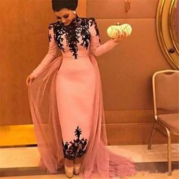 Vintage High Neck Ankle Length Sheath Evening Dresses with Long Sleeves black Lace Appliques Prom Dresses Formal gowns Vestidos Longo 195D