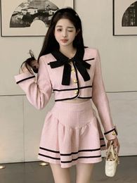 Work Dresses High Quality French Vintage Small Fragrance 2 Piece Set Women Bow Short Jacket Coat Skirt Suits Korean Sweet Two Sets