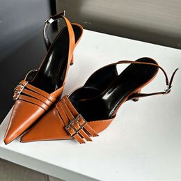 Slim Pointed Mueller Shoes Women Pumps 2024 Summer Low Heel Sandals Female Narrow Belt Buckle Elegant Sexy Thin High Heels