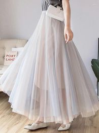 Skirts 2024 Contrasting Colors Summer Mesh Long Pleated Skirt Loose Sweet Ladies Elegant Gray Pink Black Outfit