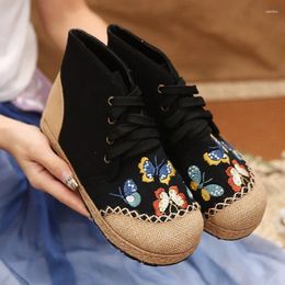 Casual Shoes 2024 Handmade Women Canvas Embroidered High Top Lace Up Espadrilles Sneakers Autumn Booties Grey Beige Black