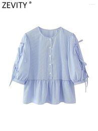 Women's Blouses Zevity Women Fashion Pleats Lantern Sleeve Bow Tied Casual Smock Blouse Office Ladies Chic O Neck Button Shirt Blusas Tops