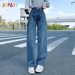 Women's Jeans Depony Stretch Wide Leg For Women High Waist Women's Trousers Blue Casual Comfort Straight Loose