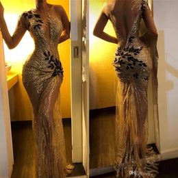 2019 Elegant Gold Sequins Mermaid Evening Dresses Sheer One Sleeve Long Sleeve Lace Applique Sweep Train Formal Party Prom Dresses BC09 256D