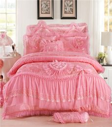 4pcs Pink Heartshaped luxury bedding set King queen wedding bedclothes bed sheets cotton Princess Lace duvet cover set 357 R25760136