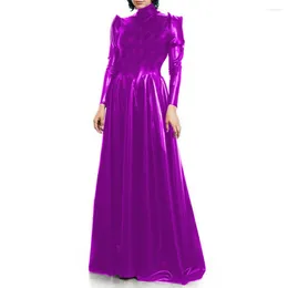Casual Dresses Turtleneck Cocktail Party Shiny PVC Maxi Dress Elegant Long Sleeve Ball Gown Wet Look Floor Length Fetish Clubwear