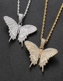 Iced Out Animal Butterfly Pendant Necklace With Rope Chain Gold Silver Cubic Zircon Men Women Hiphop Rock Jewelry2302896