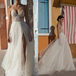 Gali Karten Long Dress Beach Wedding Gowns Side Split Spaghetti Illusion Sexy Boho Sweep Train Pearls Backless Bohemian Bride Dresses 284D