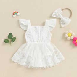 Girl Dresses Lovely Baby Girls Summer Romper Sets Ruffles Sleeve Square Neck Lace Flowers Dress Bow Headband 2pcs