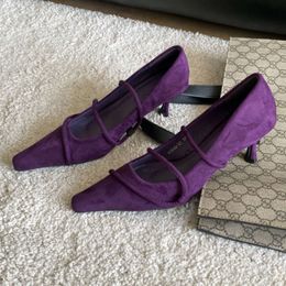 Purple Designer Slim Brand High Heels Suede Pointed Toe Pumps Elegant Low Heeled Office Women Shoes