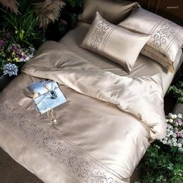 Bedding Sets AB Version Pure Cotton Washed Silk Four-piece Solid Color Embroidery Suite Bed Sheet Fitted Modern Style