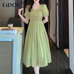 Party Dresses Summer French Style Solid Colour Elastic Chest Princess Dress Women Square Neck Puff Sleeve Pleated Patchwork Midi