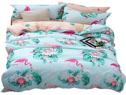 Microfiber Fabric Duvet Tropical Flamingo Pattern Reversible Greenpink Bedding 3 piece Suit Breathable Soft1411138