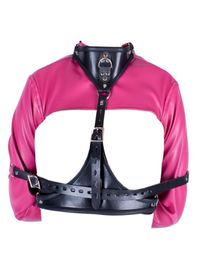 Adult Game PU Leather Hand Gloves Bondage Restraints Collar Sexy Breastbearing Outfit Erotic Female Straitjacket1576837