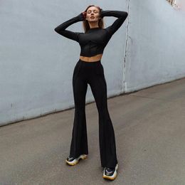 Women Summer Sundress Cover Up Beach Outings 2024 Car Solid Colour Long Sleeve Shirt Tight Bell Pants Leisure Suit Sports Fitness