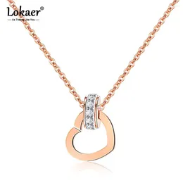 Pendant Necklaces Luxury Cubic Zirconia Circle Heart Charm Rose Gold Color Stainless Steel Chain Neckalce Jewelry N17063