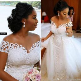 2020 Stunning African Nigerian Mermaid Wedding Dresses With Detachable Train Full Lace Applique Sheer Off Shoulder Short Sleeve Bridal 268x