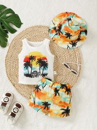 Clothing Sets Casual Look For Baby Boys Summer Coconut Print Sleeveless Vest Dyed Hat Elasticated Waist Pants Beach Chic