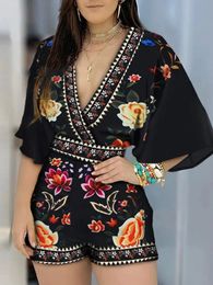 Womens Jumpsuit Casual Summer Floral Print Deep V Neck 34 Sleeve Playsuit Woman Party Beach Playsuits 240423