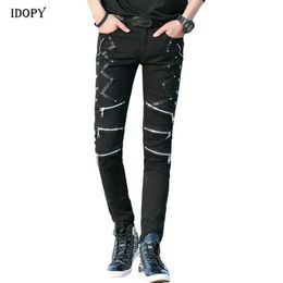 Men's Pants Idopy Fashionable Ultra Thin Suitable for Pants Punk Style Black Patch Work Leather Zipper Dance Nightclub Gothic Cool Jeans Mens Tight JeansL2405