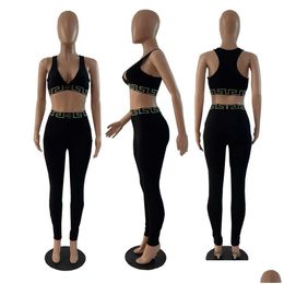 Womens Two Piece Pants Summer New Women Tracksuits Fashion Set Sports Casual Letter Print Vest And Tights Leggings 2Pcs Yoga Sets For Otirx