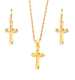 24 k Yellow Fine gold GF Small Mini Tax stamp Pendant chain Earrings set Christian jewelry sets women girl Jesus Gift4500974