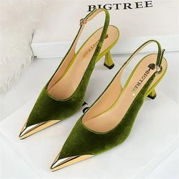 Dress Shoes Elegant Women Green 7cm High Heels Velvet Pumps Lady Wedding Party Slingback Sandals Kitten Low Nightclub Wine Red