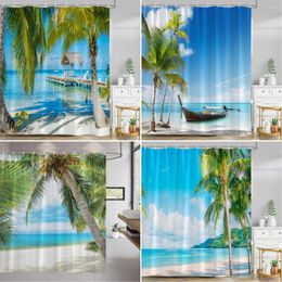 Shower Curtains Ocean Beach Curtain Seaside 3D Waves Tropical Palm Leaves Sun Nature Scenery Boat Polyester Fabric Bathroom Decor