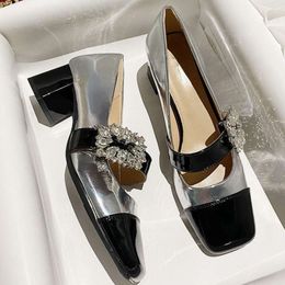 Square Toe Low Jane Retro Elegant High Heels Sier Designer Muller Shoe Rhinestone Chunky Heel Mary Janes Pumps