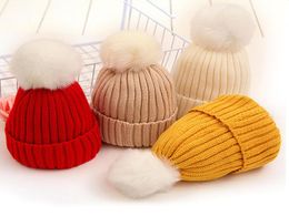 Winter Children Faux Fur Pom Pom Knitted Hats Kids Boys Girls Solid Wool Beanies Skullies Cap7779024
