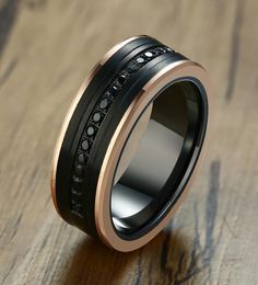 8MM LUXURY WEDDING BAND TUNGSTEN CARBIDE RING BLACK CZ Zircon STONE ROSE GOLD SIDE MEN ETERNITY SUPER JEWELRY8365610