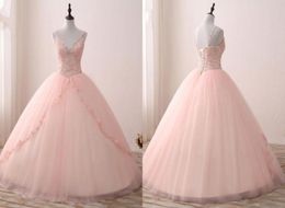 2023 V neck Blush Applique Lace With Champagne Satin Quinceanera Dress Ball Gowns Prom With Straps Beaded Corset Back Sweet 15 Gir7625846