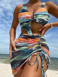 Women's Swimwear Sexy Cut Out One Piece Swimsuit Women Ring Link Beachwear And Drawstring Skirt Two Bathers Bathing Swimming Suit