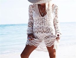 Crochet Summer Beach Dress Cover Up Sexy Hollow Out Mesh Knitted Tunic Swimsuit Coverup Womens Beach Sarong Robe De Plage A33 Y2002678348