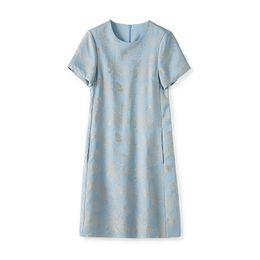 Summer Blue Contrast Color Dress Short Sleeve Round Neck Jacquard Short Casual Dresses W4M065513