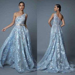 Berta 2019 One Shoulder Prom Dresses Light Blue Lace Appliqued A Line Formal Evening Gowns Sweep Train Design Pageant Red Carpet Dress 250q