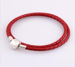 Wholesale-Fashion Womens 925 Sterling Silver RED Double Layer Leather Bracelet Fit Charms Beads Jewelry Men Bangle with Original box9102746