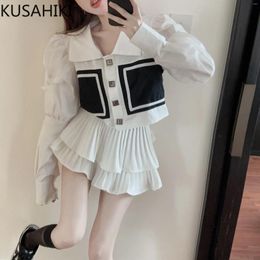 Work Dresses KUSAHIKI Fashion Two Pieces Sets Women Spring Turn-down Collar Puff Sleeve Contrast Cblouses High Waist Pleated A-line Skirt