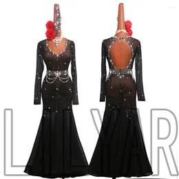 Stage Wear Modern Dance Skirt Competition Performance Dress Adult Black Elastic Mesh Slim Fit Large Swing Sparkling Diamond