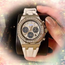 Popular Women Diamonds Ring Watches Day Date Time Clock Quartz Battery Core Chronograph Black White Blue Rubber Strap Chain Bracelet Watch Gifts