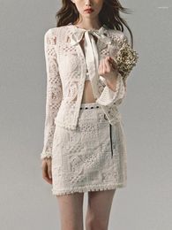 Work Dresses White Sexy Designer Two Piece Set Women Lace Vintage Party Skirt Female Bow Korean Elegant Suit 2024 Autumn