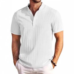 Men's Polos Mens polo shirt spring/summer cotton/linen retro striped Henry shirt casual loose T-shirtL2405