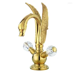 Bathroom Sink Faucets Vouruna Swan Shape Gold Finish PVD Basin Mixer Faucet With Double Crystal Handles