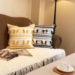 Pillow Knitted Cotton Thread Pillowcase Geometric Cut Tassel Cover For Office Sofa Home Decoration