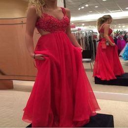 Unique Backless Lace Beaded Evening Gowns Formal Elegant V-neck 30d Chiffon Draped Prom Dress Red Long Special Occasion Women robes de 349E