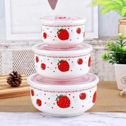 Bowls 3PCS/Set Bone China Lunch Box Ceramic Fresh-Keeping Bowl With Lid For Microwave Oven Sealed Storage