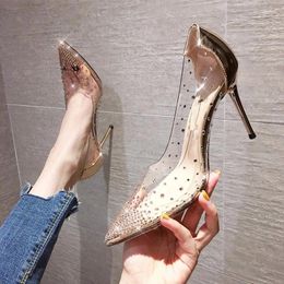 Casual Shoes Rhinester Women High Heels Female Pointy Thin Ladies Pumps Transparent Fashion Ultra-high Heel Wedding Dress