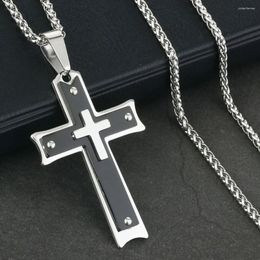 Pendant Necklaces Religious Jewelry Stainless Steel 3 Layers Cross Necklace For Men Fashion Link Chain Statement Colar NC127