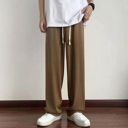 Men's Pants Men Summer Drawstring Korean Striped Ice Silk Straight Loose Sports Wide Leg Trousers Elastic Casual Mens Long